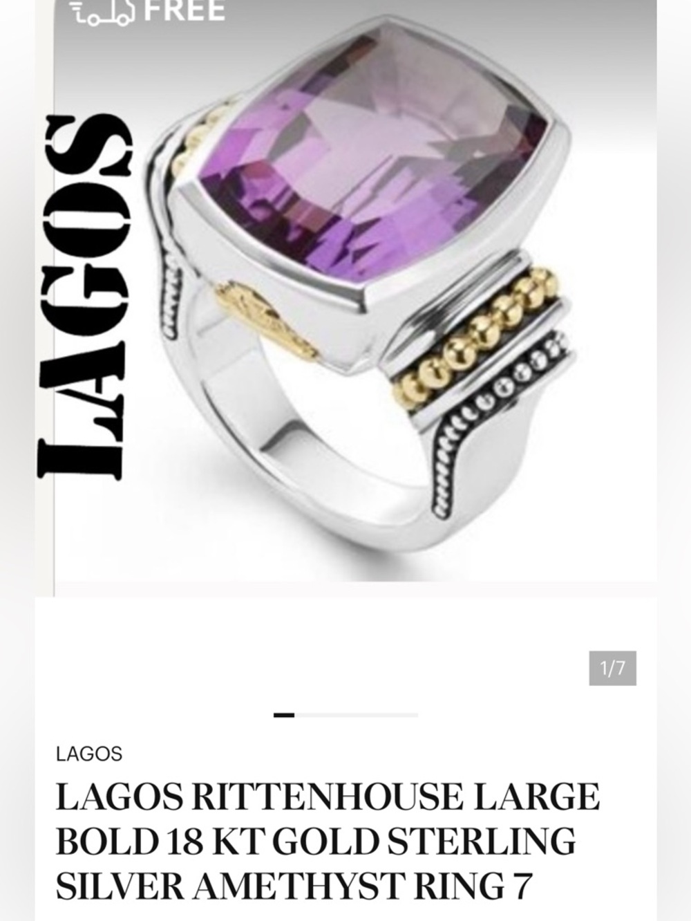 LAGOS RITTENHOUSE LARGE BOLD 18 KT GOLD STERLING SILVER AMETHYST RING 7